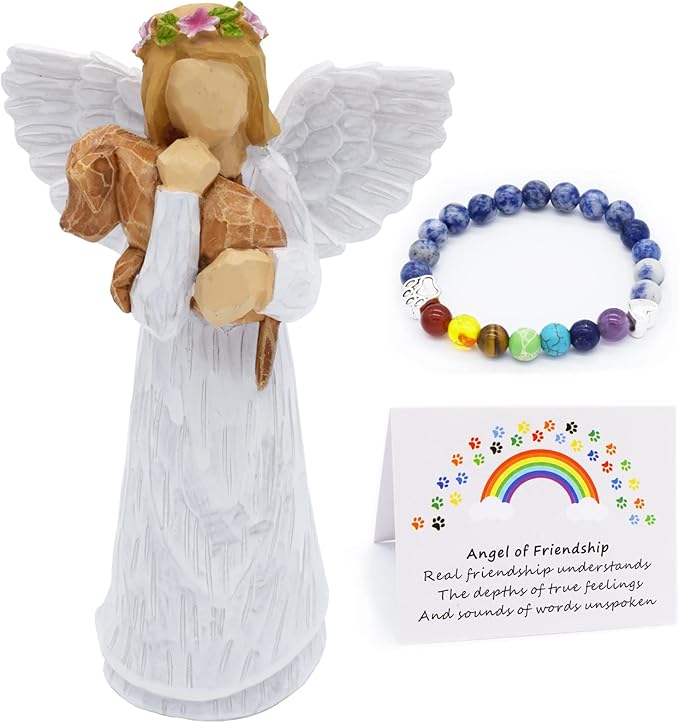Angel figurine with a bracelet and card on a white background
