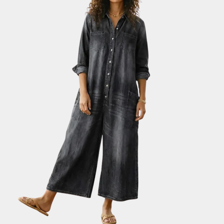 Lorelie | Vintage Washed Soft Cotton Denim Jumpsuit with Button Closure