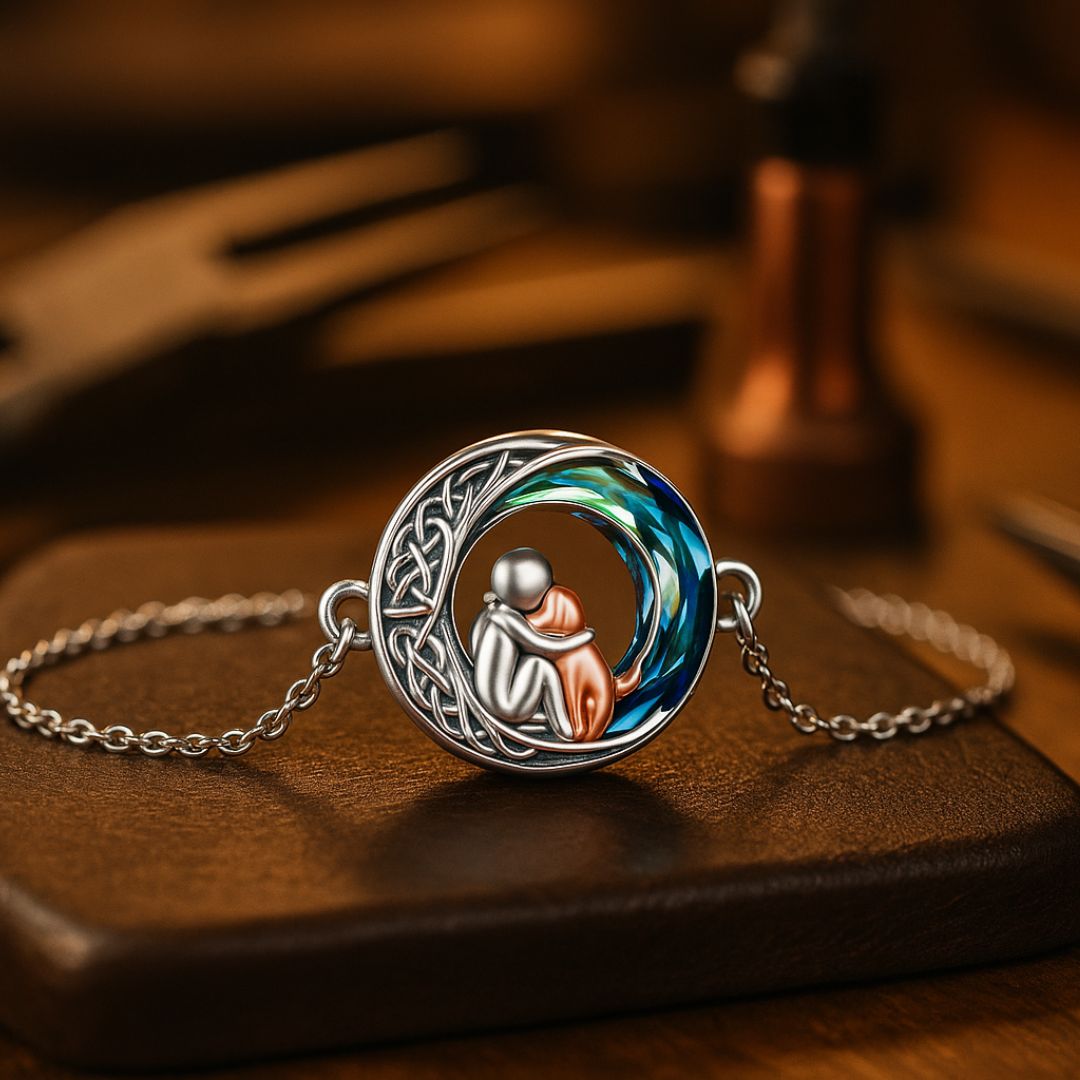 Silver necklace with a round pendant featuring two people embracing, on a wooden surface.