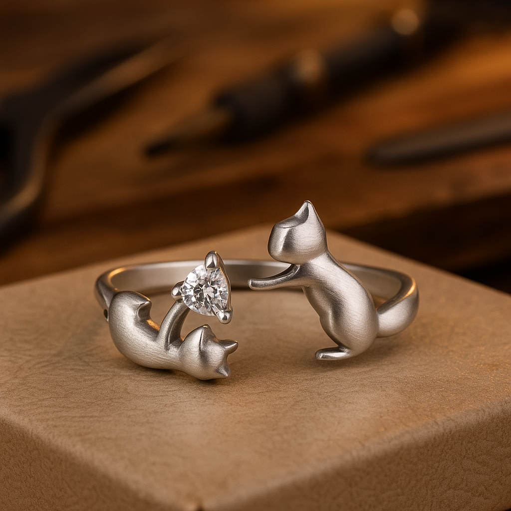 Silver cat-shaped ring with a heart-shaped gemstone on a wooden surface