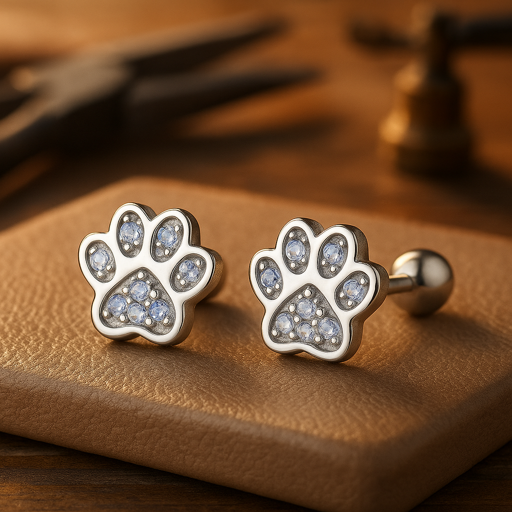 Silver paw-shaped earrings with gemstones on a brown leather surface