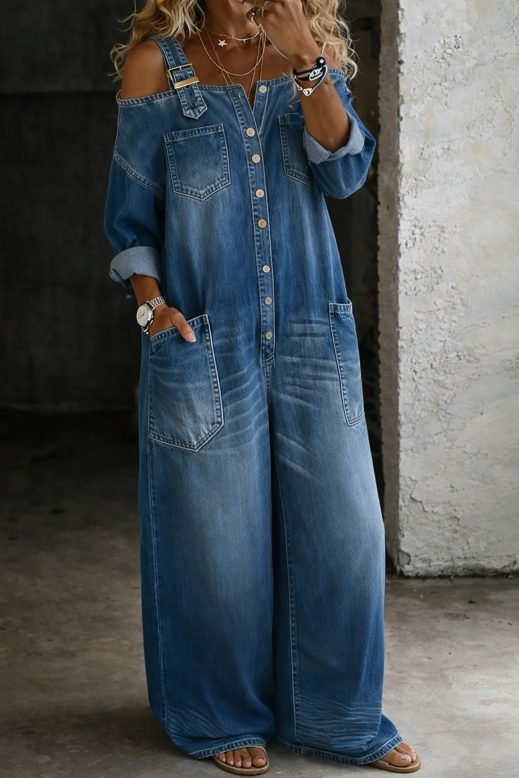 Person wearing a long denim dress with a neutral background