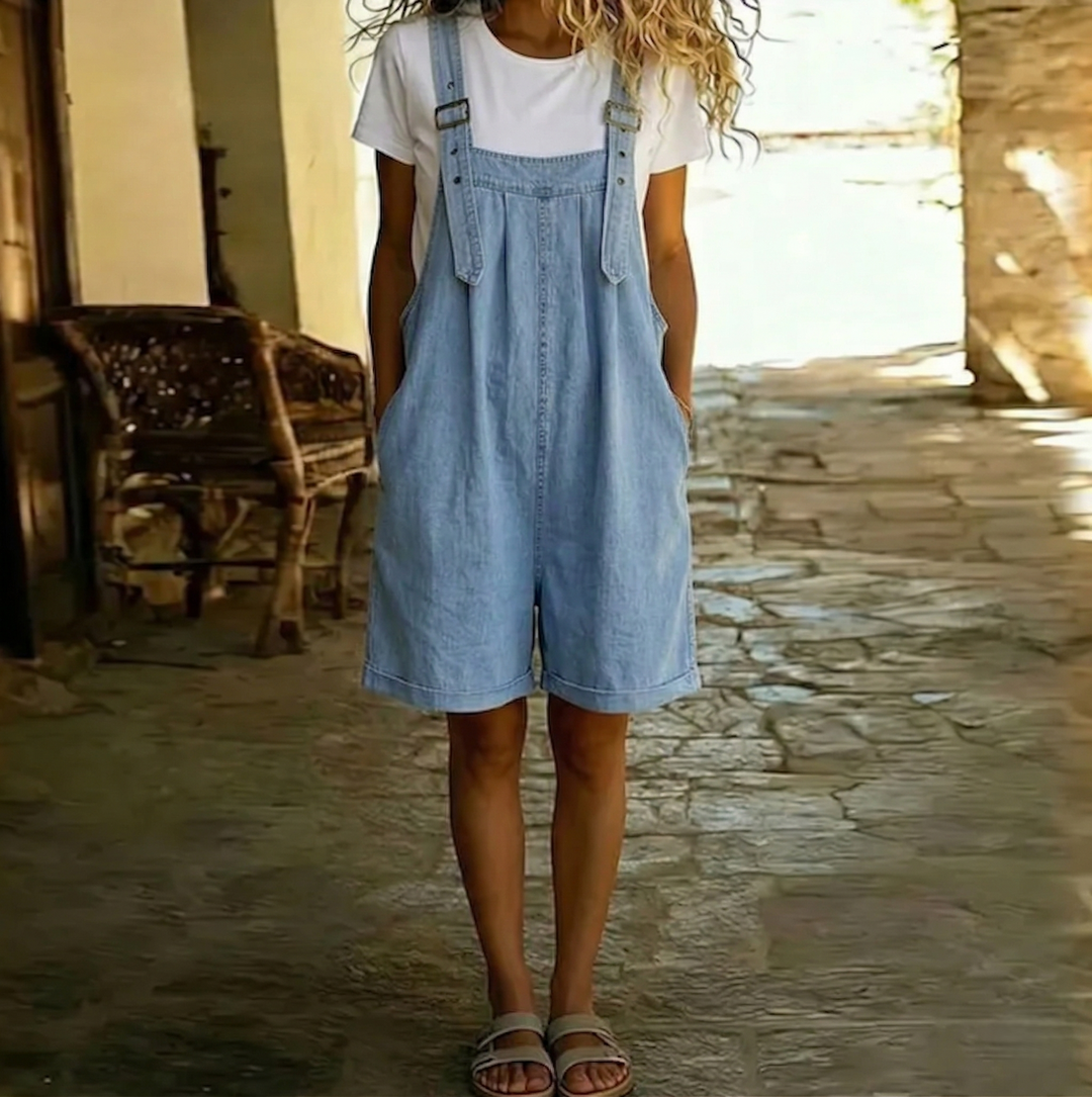 Saylor | Vintage Washed Soft Cotton Feel Denim Short Overall Light blue