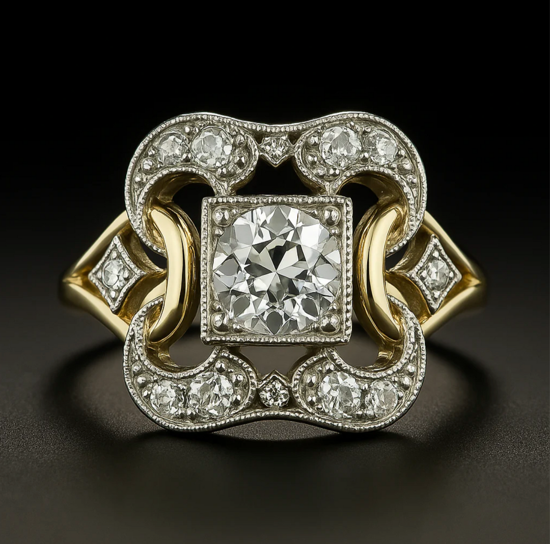 Diamond ring with gold and silver design on a dark background