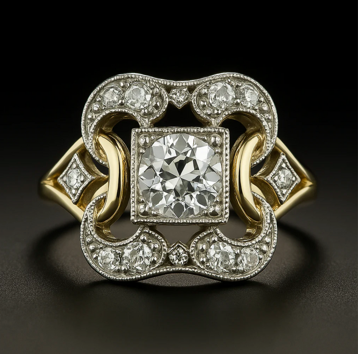 Diamond ring with gold and silver design on a dark background