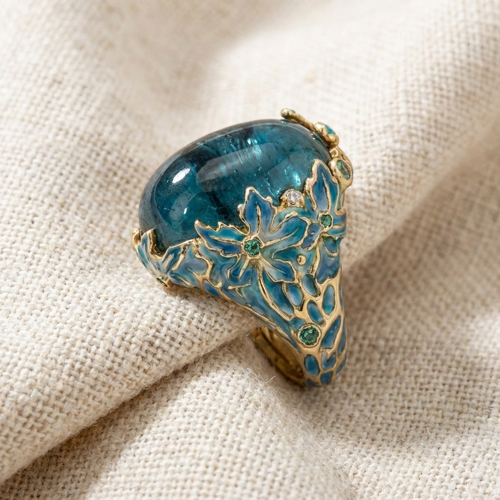 Blue gemstone ring with gold floral design on a beige fabric background