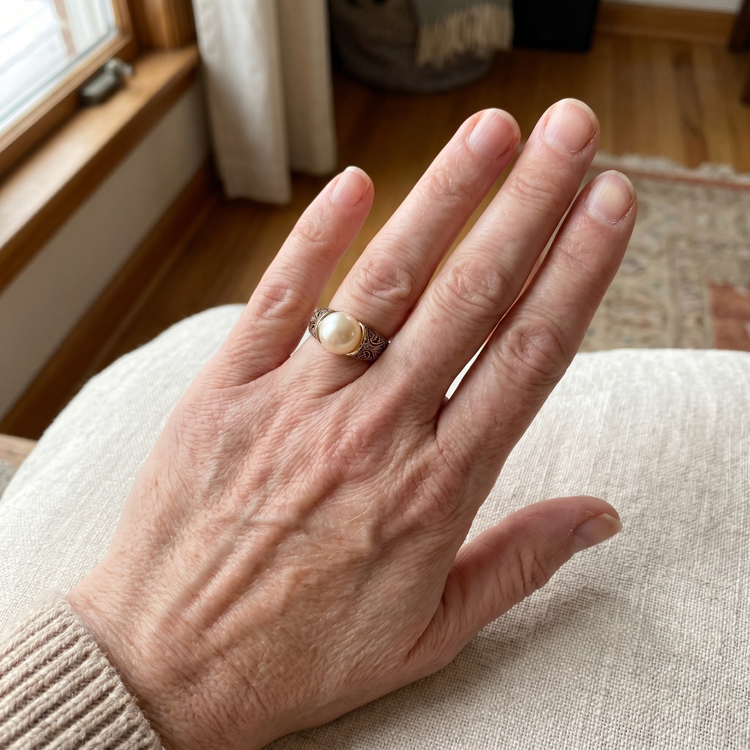 Hand wearing a pearl ring on a neutral background