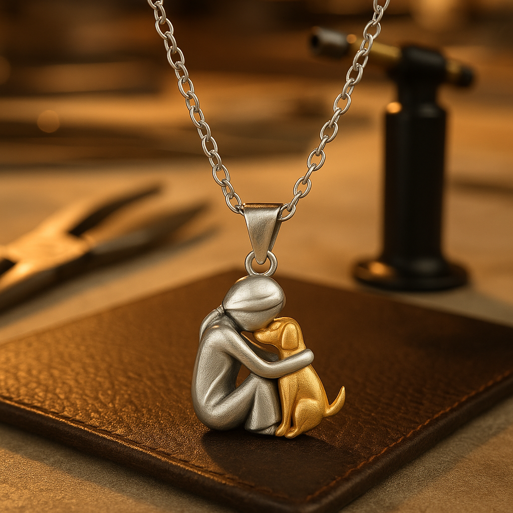 Silver and gold pendant of a person hugging a dog on a brown leather surface.
