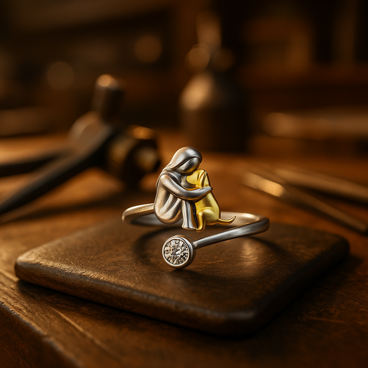Silver and gold ring with a unique design on a wooden surface
