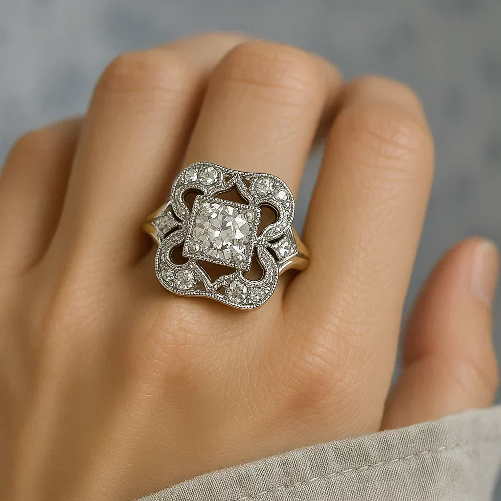 Silver ring with a large diamond on a person&