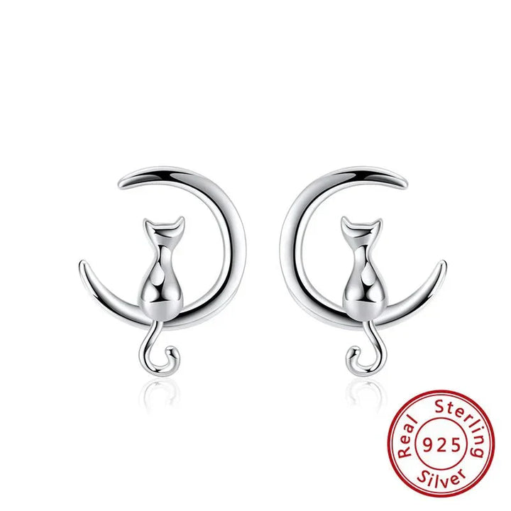 Moon &amp; Cat Sterling Silver Stud Cat Earrings
