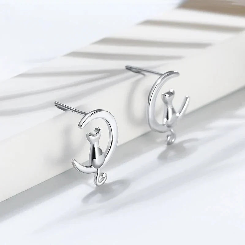 Moon &amp; Cat Sterling Silver Stud Cat Earrings