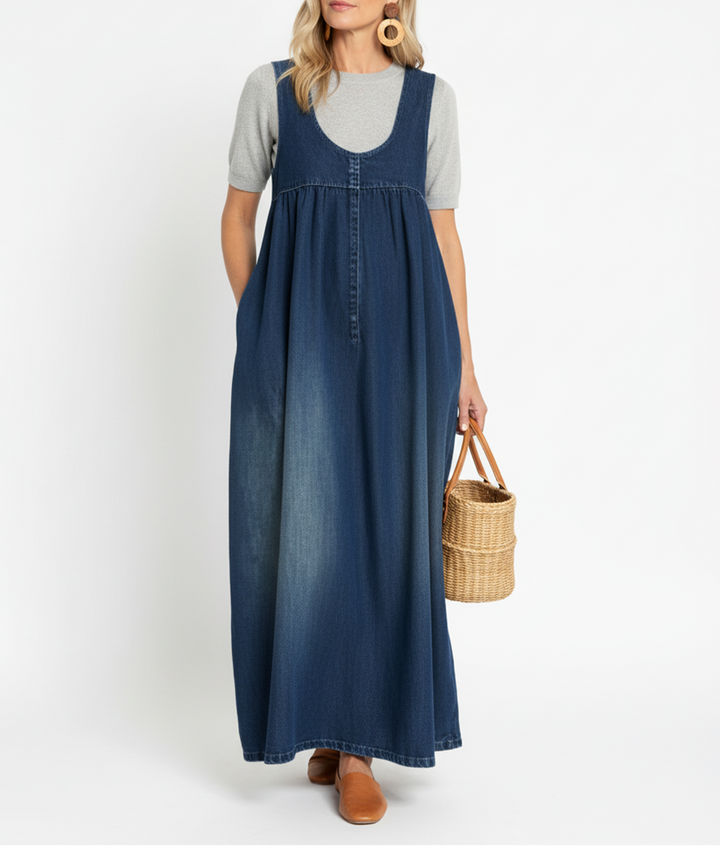 Loretta | Vintage Washed Soft Cotton Feel Denim Maxi Dress