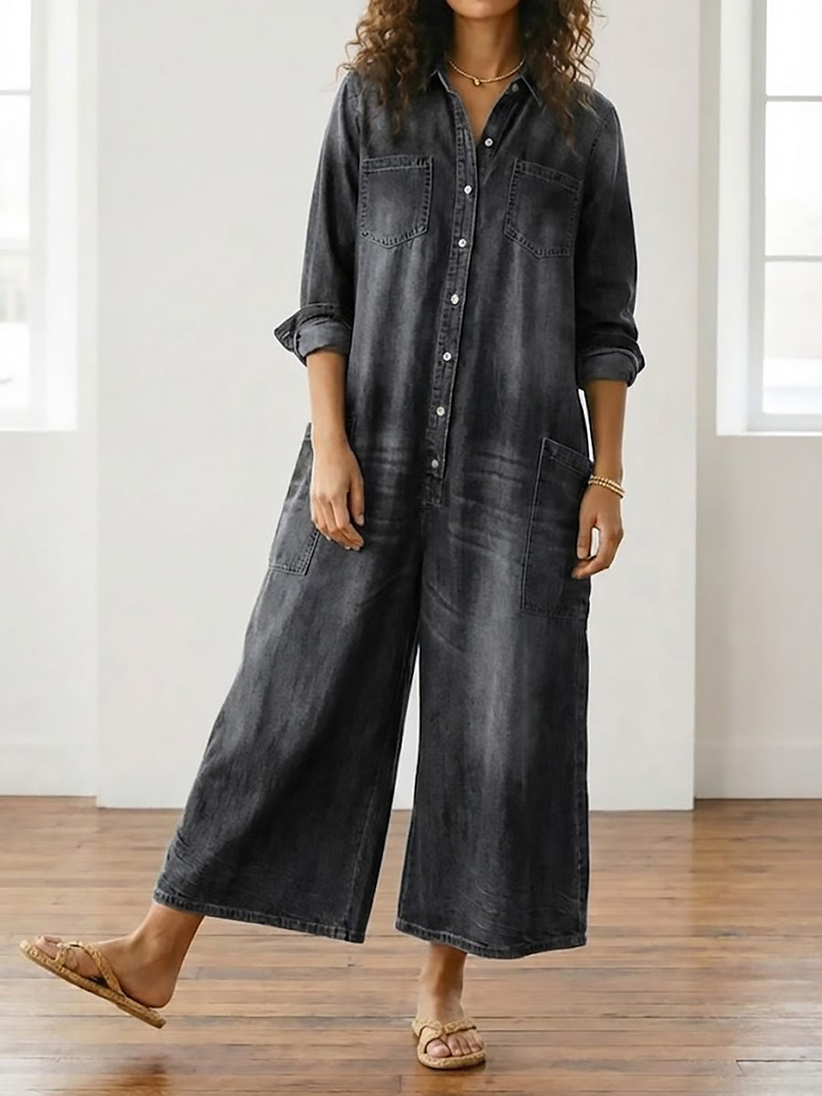 Lorelie | Vintage Washed Soft Cotton Denim Jumpsuit with Button Closure