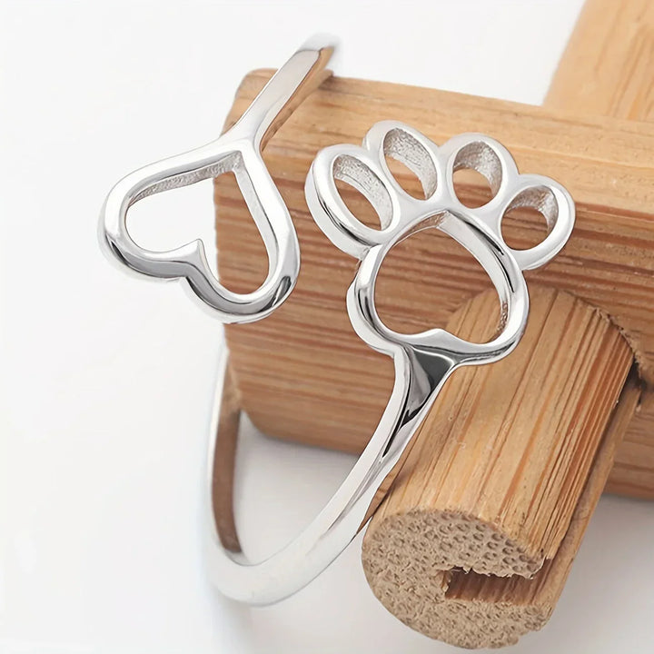 Handcrafted Paw &amp; Heart Ring – Adjustable 925 Sterling Silver