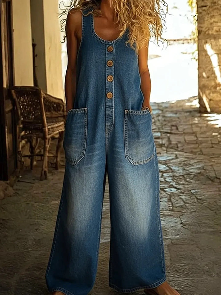 Person wearing a denim jumpsuit with button details outdoors.