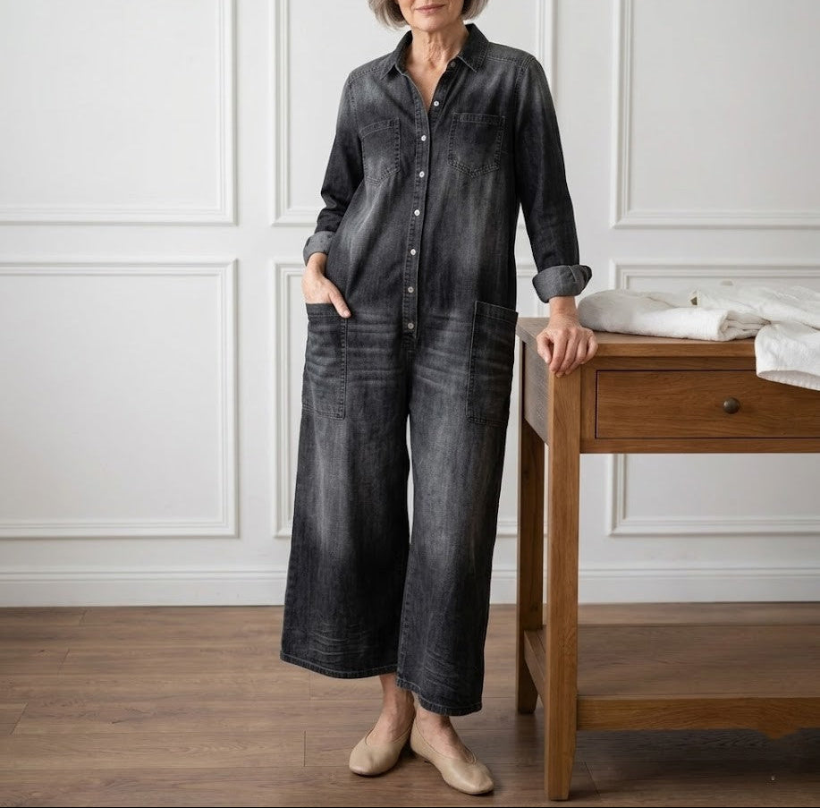 Lorelie | Vintage Washed Soft Cotton Denim Jumpsuit with Button Closure
